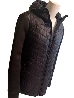 Michael Kors Chevron Quilted Puffer Hybrid Hooded Jacket Water Resistant Black L